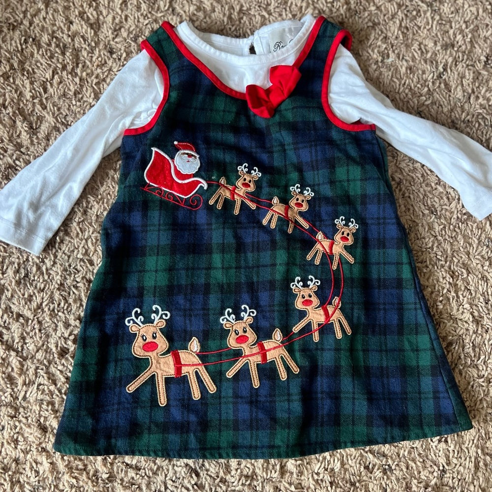 Rare Editions Plaid Santa and Reindeer Dress Size 12M Holiday Christmas